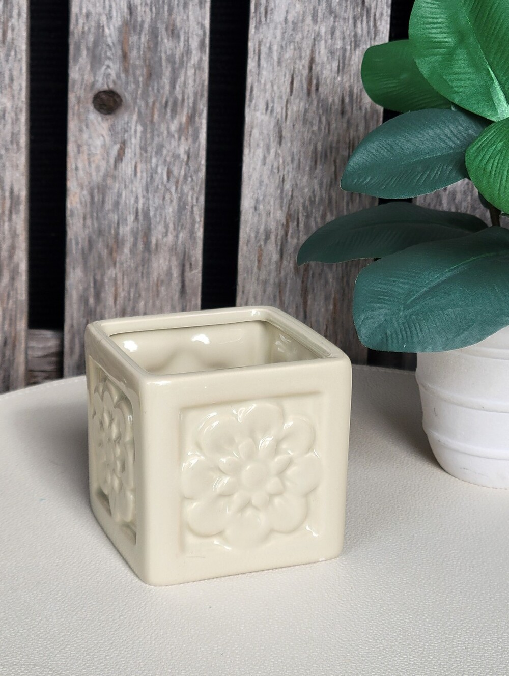 Embossed Floral Ivory Square Ceramic Container - Picture 4 of 6